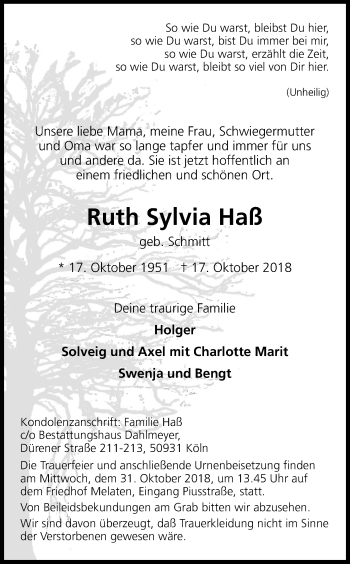 Anzeige von Ruth Sylvia Haß von Kölner Stadt-Anzeiger / Kölnische Rundschau / Express