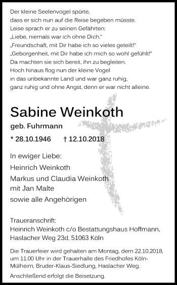 Anzeige von Sabine Weinkoth von Kölner Stadt-Anzeiger / Kölnische Rundschau / Express