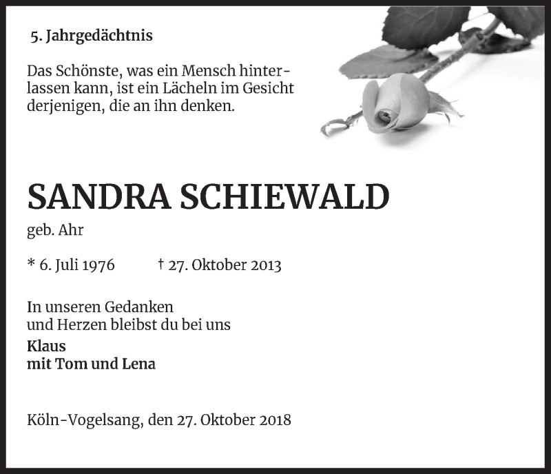  Traueranzeige für Sandra Schiewald vom 27.10.2018 aus Kölner Stadt-Anzeiger / Kölnische Rundschau / Express