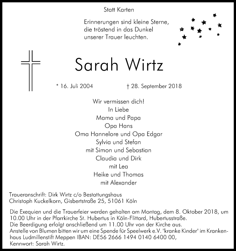  Traueranzeige für Sarah Wirtz vom 03.10.2018 aus Kölner Stadt-Anzeiger / Kölnische Rundschau / Express