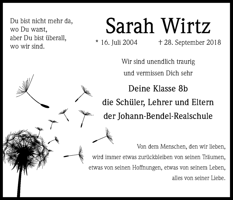  Traueranzeige für Sarah Wirtz vom 03.10.2018 aus Kölner Stadt-Anzeiger / Kölnische Rundschau / Express