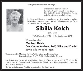 Anzeige von Sibilla Kelch von  Sonntags-Post 