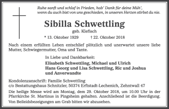 Anzeige von Sibilla Schwettling von  Sonntags-Post 