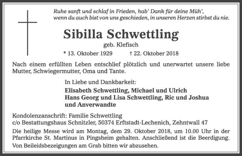  Traueranzeige für Sibilla Schwettling vom 27.10.2018 aus  Sonntags-Post 