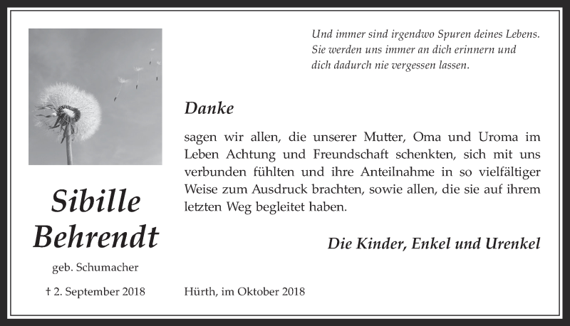  Traueranzeige für Sibille Behrendt vom 03.10.2018 aus  Wochenende 