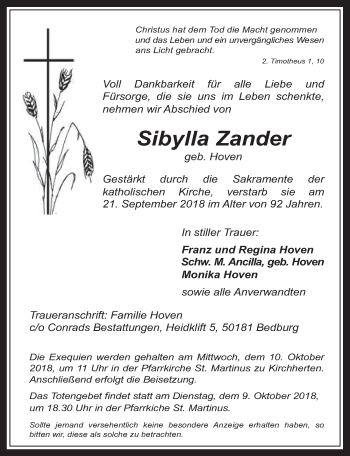 Anzeige von Sibylla Zander von  Werbepost 