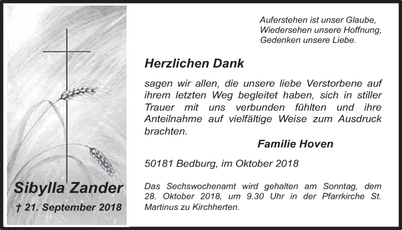  Traueranzeige für Sibylla Zander vom 24.10.2018 aus  Werbepost 