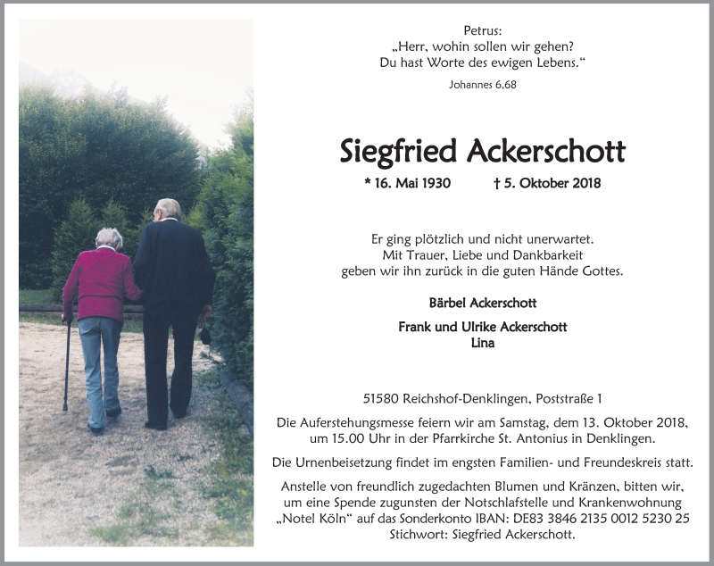  Traueranzeige für Siegfried Ackerschott vom 09.10.2018 aus Kölner Stadt-Anzeiger / Kölnische Rundschau / Express