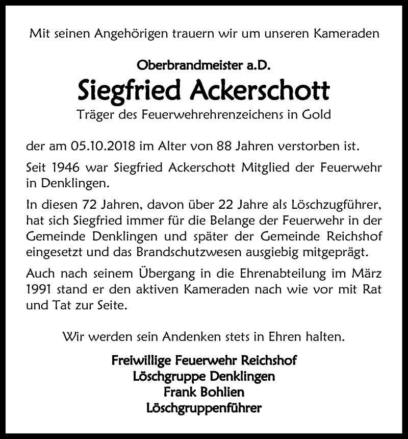  Traueranzeige für Siegfried Ackerschott vom 11.10.2018 aus Kölner Stadt-Anzeiger / Kölnische Rundschau / Express