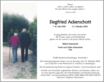 Anzeige von Siegfried Ackerschott von Kölner Stadt-Anzeiger / Kölnische Rundschau / Express