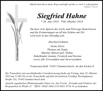 Anzeige von Siegfried Hahne von Kölner Stadt-Anzeiger / Kölnische Rundschau / Express