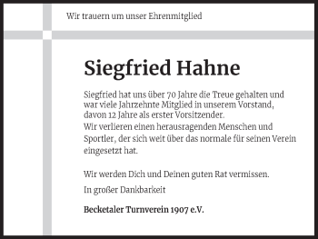 Anzeige von Siegfried Hahne von Kölner Stadt-Anzeiger / Kölnische Rundschau / Express