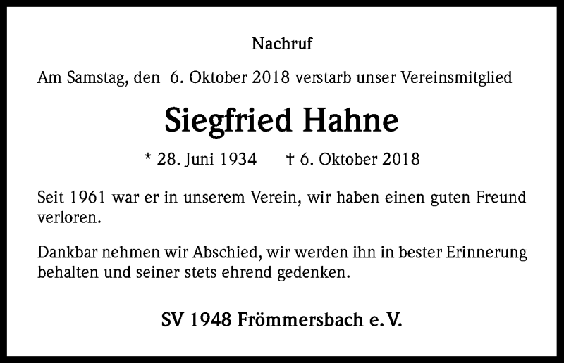 Traueranzeige für Siegfried Hahne vom 13.10.2018 aus Kölner Stadt-Anzeiger / Kölnische Rundschau / Express
