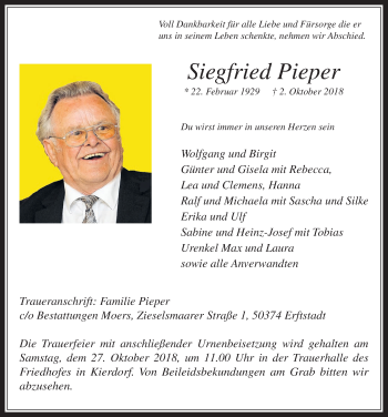 Anzeige von Siegfried Pieper von  Werbepost 