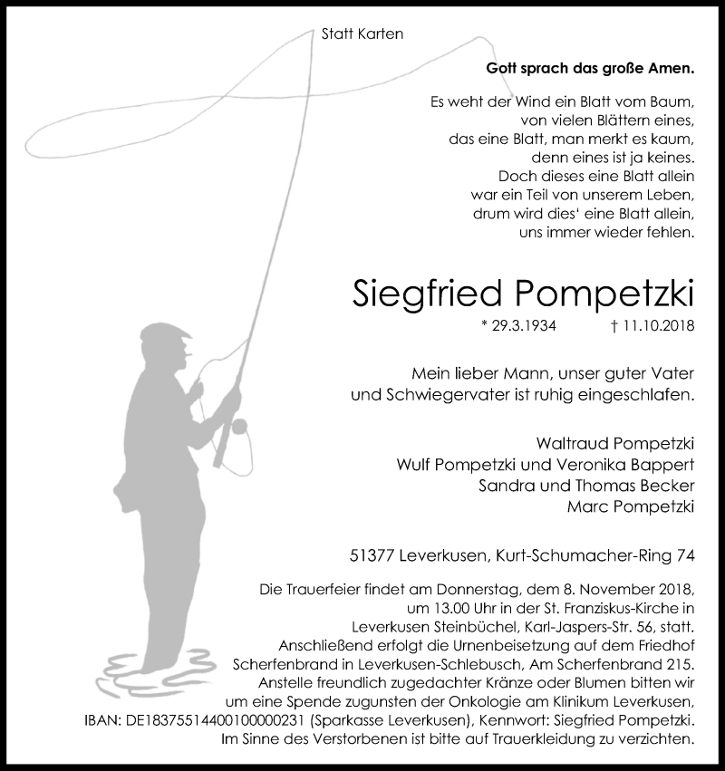  Traueranzeige für Siegfried Pompetzki vom 27.10.2018 aus Kölner Stadt-Anzeiger / Kölnische Rundschau / Express