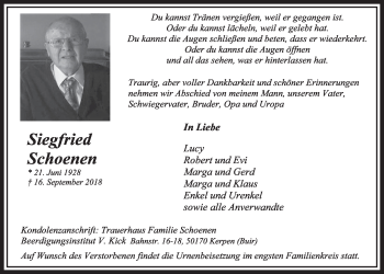 Anzeige von Siegfried Schoenen von  Sonntags-Post 