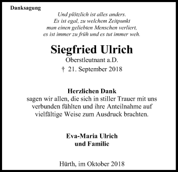 Anzeige von Siegfried Ulrich von Kölner Stadt-Anzeiger / Kölnische Rundschau / Express