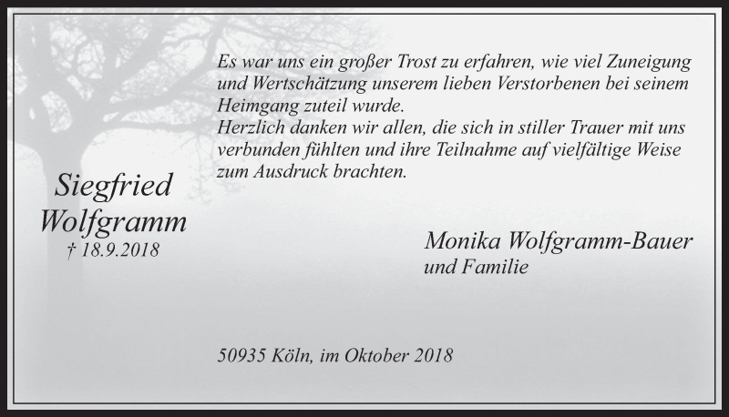  Traueranzeige für Siegfried Wolfgramm vom 10.10.2018 aus  Wochenende 