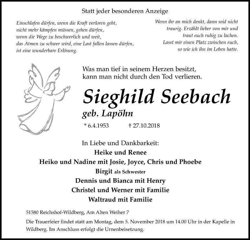  Traueranzeige für Sieghild Seebach vom 30.10.2018 aus Kölner Stadt-Anzeiger / Kölnische Rundschau / Express