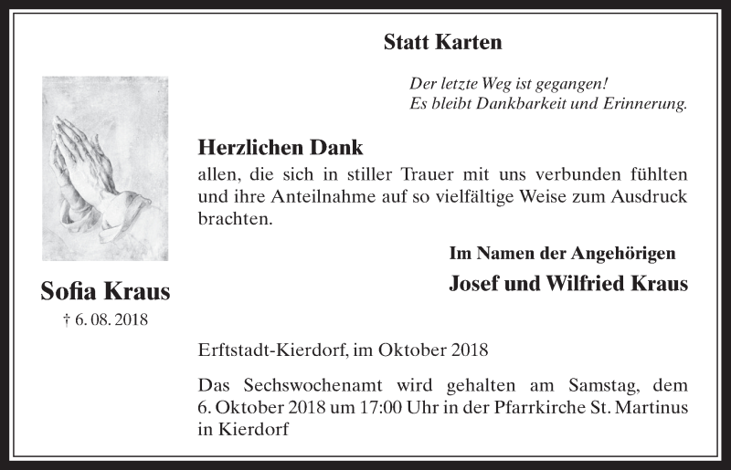  Traueranzeige für Sofia Kraus vom 03.10.2018 aus  Werbepost 