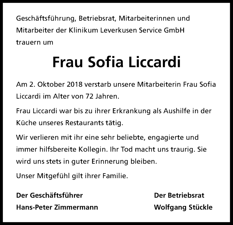  Traueranzeige für Sofia Liccardi vom 20.10.2018 aus Kölner Stadt-Anzeiger / Kölnische Rundschau / Express