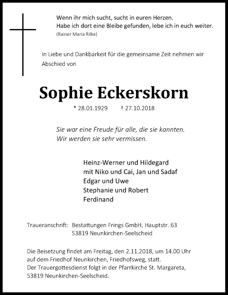  Traueranzeige für Sophie Eckerskorn vom 31.10.2018 aus Kölner Stadt-Anzeiger / Kölnische Rundschau / Express