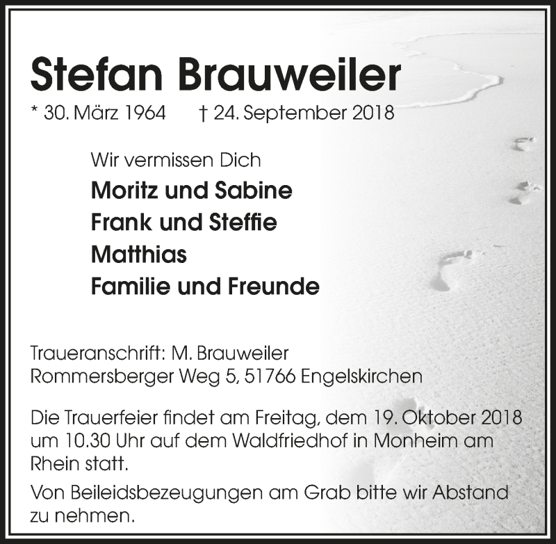  Traueranzeige für Stefan Brauweiler vom 10.10.2018 aus  Anzeigen Echo 