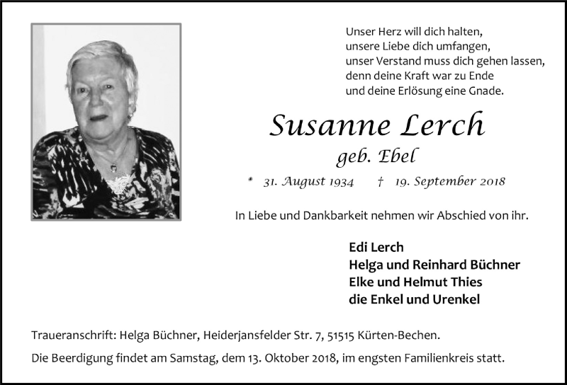 Traueranzeige für Susanne Lerch vom 10.10.2018 aus  Bergisches Handelsblatt 