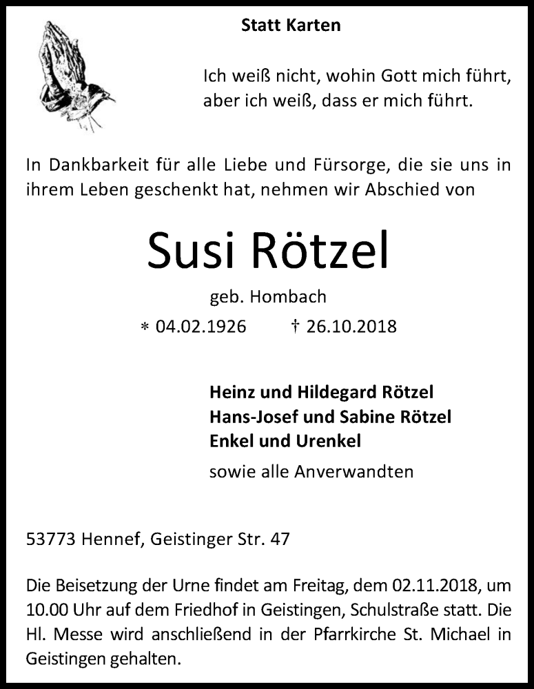  Traueranzeige für Susi Rötzel vom 30.10.2018 aus Kölner Stadt-Anzeiger / Kölnische Rundschau / Express