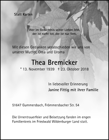 Anzeige von Thea Bremicker von Kölner Stadt-Anzeiger / Kölnische Rundschau / Express