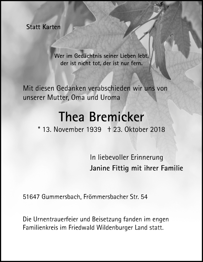  Traueranzeige für Thea Bremicker vom 01.11.2018 aus Kölner Stadt-Anzeiger / Kölnische Rundschau / Express