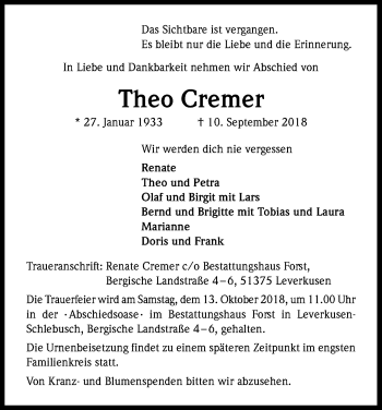 Anzeige von Theo Cremer von Kölner Stadt-Anzeiger / Kölnische Rundschau / Express