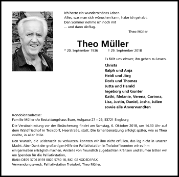 Anzeige von Theo Müller von Kölner Stadt-Anzeiger / Kölnische Rundschau / Express