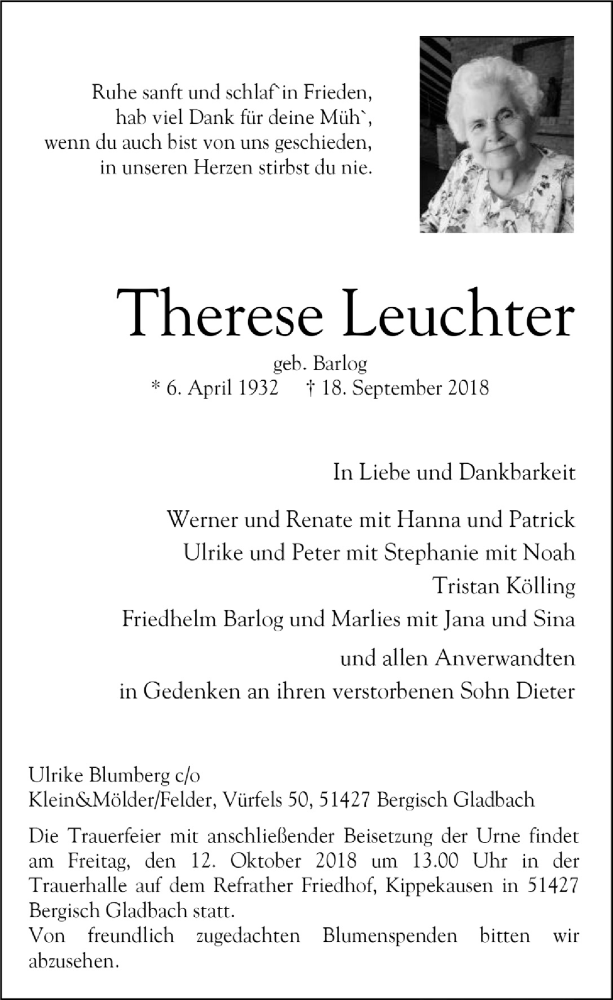  Traueranzeige für Therese Leuchter vom 03.10.2018 aus  Bergisches Handelsblatt 