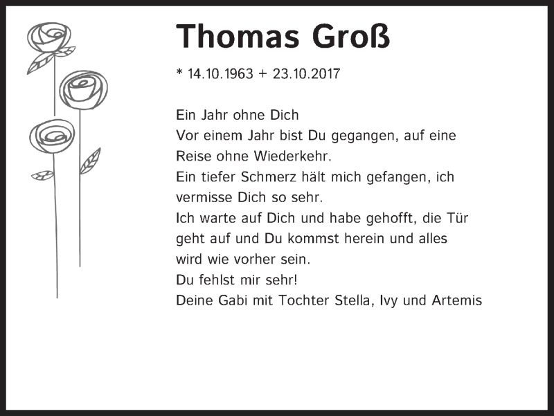  Traueranzeige für Thomas Groß vom 20.10.2018 aus Kölner Stadt-Anzeiger / Kölnische Rundschau / Express