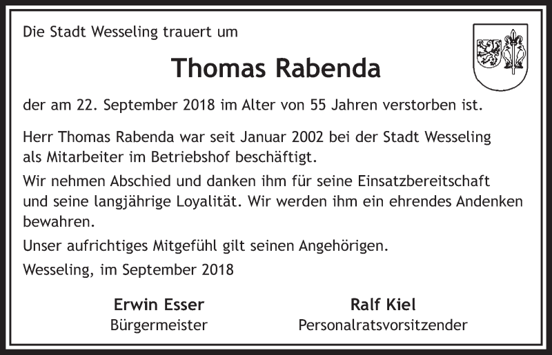  Traueranzeige für Thomas Rabenda vom 03.10.2018 aus  Schlossbote/Werbekurier 