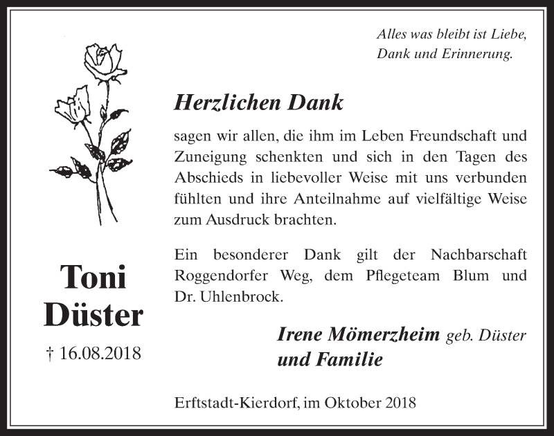  Traueranzeige für Toni Düster vom 24.10.2018 aus  Werbepost 