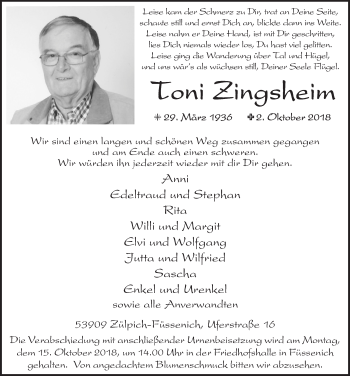 Anzeige von Toni Zingsheim von  Blickpunkt Euskirchen 
