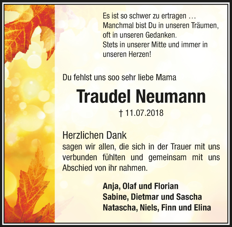  Traueranzeige für Traudel Neumann vom 03.10.2018 aus  Anzeigen Echo 
