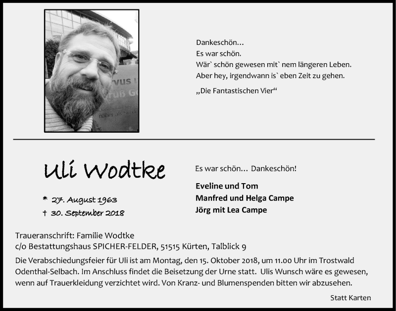  Traueranzeige für Uli Wodtke vom 10.10.2018 aus  Bergisches Handelsblatt 