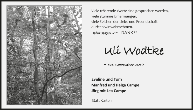  Traueranzeige für Uli Wodtke vom 31.10.2018 aus  Bergisches Handelsblatt 
