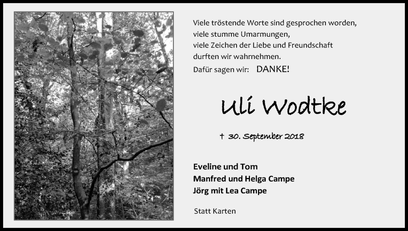  Traueranzeige für Uli Wodtke vom 31.10.2018 aus Kölner Stadt-Anzeiger / Kölnische Rundschau / Express