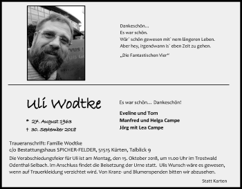 Anzeige von Uli Wodtke von Kölner Stadt-Anzeiger / Kölnische Rundschau / Express