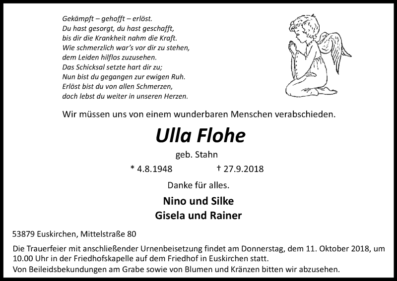  Traueranzeige für Ulla Flohe vom 06.10.2018 aus Kölner Stadt-Anzeiger / Kölnische Rundschau / Express