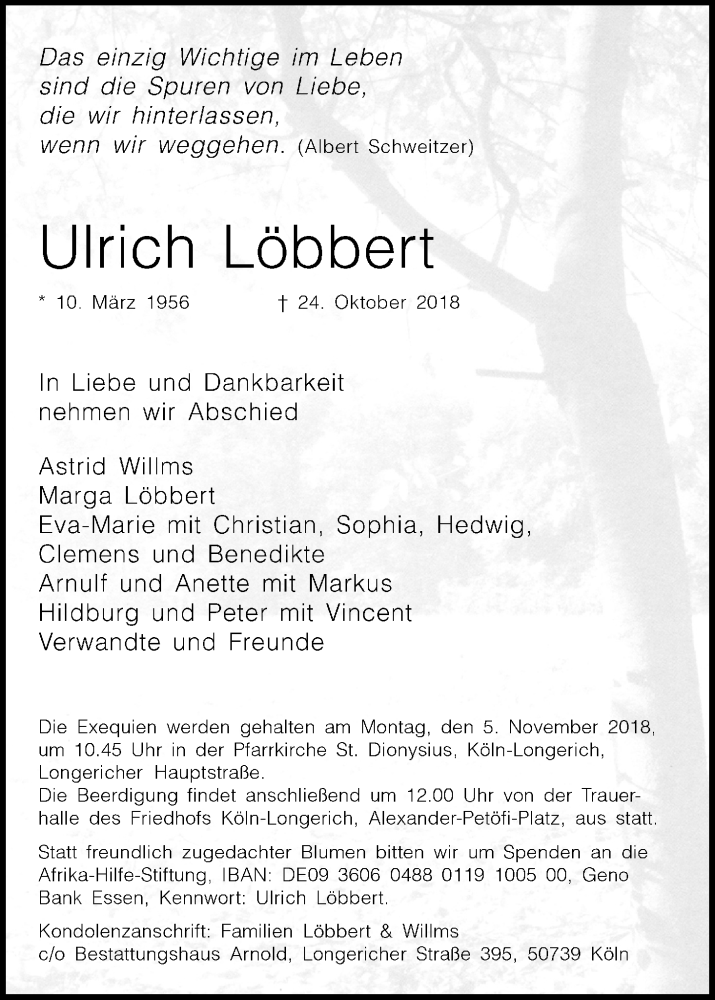  Traueranzeige für Ulrich Löbbert vom 01.11.2018 aus Kölner Stadt-Anzeiger / Kölnische Rundschau / Express