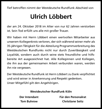 Anzeige von Ulrich Löbbert von Kölner Stadt-Anzeiger / Kölnische Rundschau / Express
