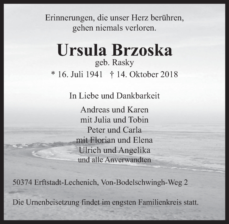  Traueranzeige für Ursula Brzoska vom 24.10.2018 aus  Werbepost 