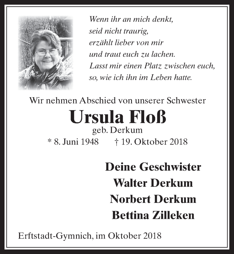  Traueranzeige für Ursula Floß vom 31.10.2018 aus  Werbepost 