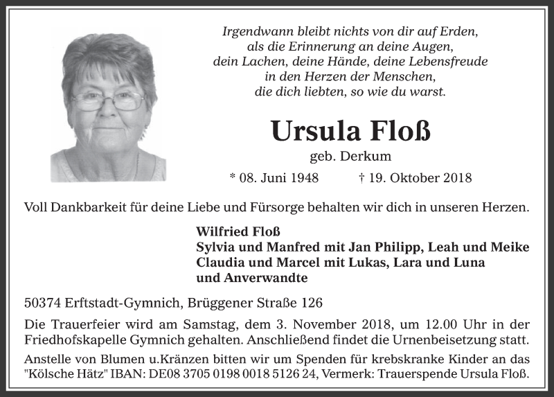  Traueranzeige für Ursula Floß vom 31.10.2018 aus  Werbepost 