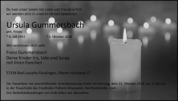 Anzeige von Ursula Gummersbach von Kölner Stadt-Anzeiger / Kölnische Rundschau / Express